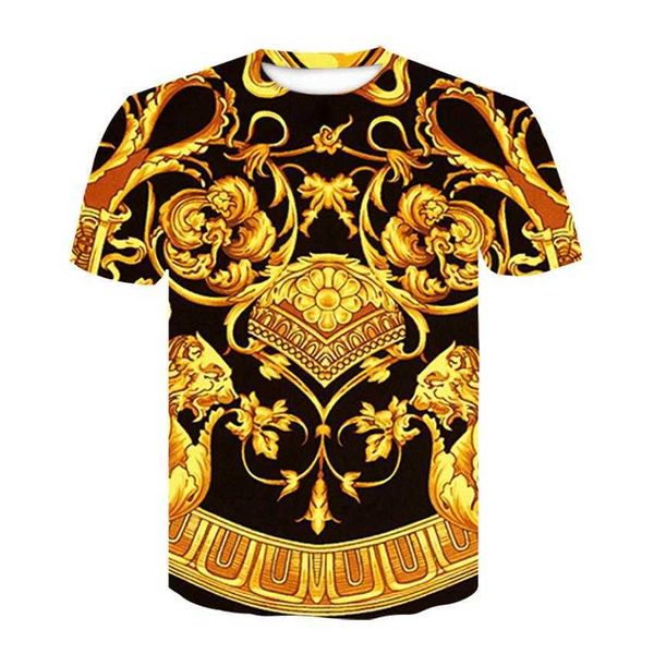 Erkek Tişörtleri Yeni Yaz Barok T-Shirt 3D Dijital Baskı T Shirt Erkekler/Kadınlar Vintage Lüks Kraliyet Baskı Altın Çiçek Markası Tshirt Camisetas G230309