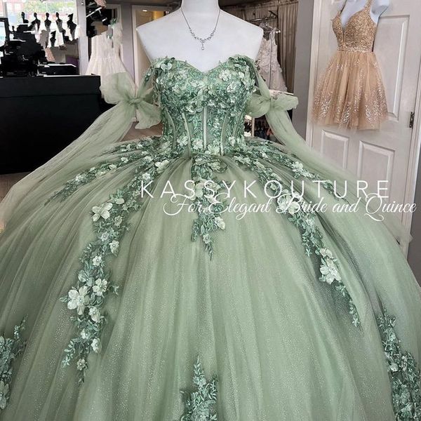 Mint Green Princess Quinceanera Vestidos 2023 Floral Apliques Lace-up Corset Off ombro vestidos de 15 Anos vestido de baile