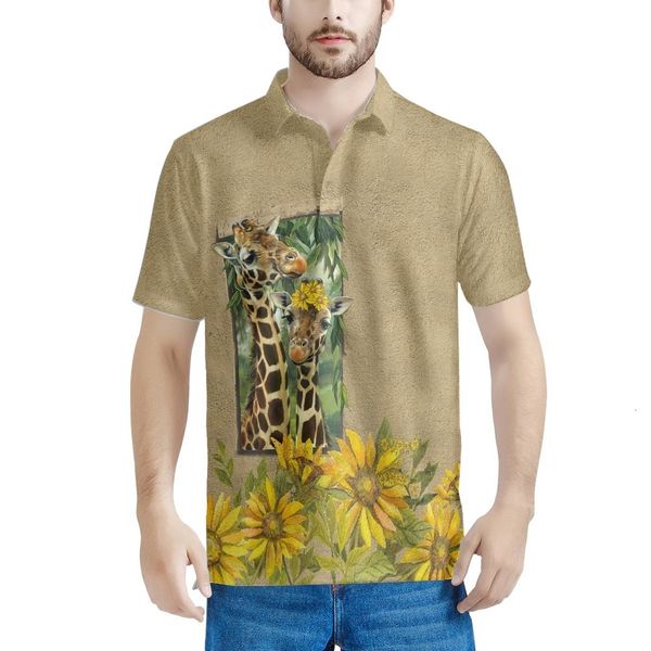 Herren-Poloshirts, lustige Giraffe, Sonnenblumen-Muster, modische Kleidung, Poloshirt, kurze Ärmel, Revers, hochwertiges, atmungsaktives, schlankes Sommer-Top 230308