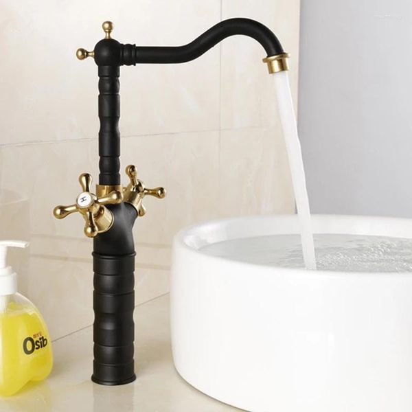 Rubinetti per lavabo da bagno Rubinetto per lavabo a doppia maniglia in ottone nero e oro classico Miscelatore per acqua fredda girevole Rubinetto B3416