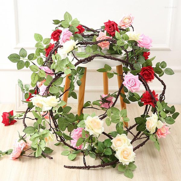 Flores decorativas de 178 cm de longa duração de rosa de rosa videira decoração de casamento de seda real de seda com folhas para pendurar em casa