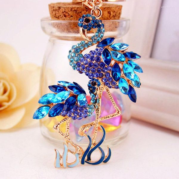 Schlüsselanhänger Re Charme Doppel Flamingo Birdschlüsselkette Schmuck Kristall Strass Tasterbeutel Anhänger Auto Keyrings für Frauen J3030