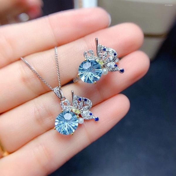 Halskette-Ohrringe-Set, exquisiter himmelblauer runder Kristall-Anhänger-Ring, luxuriöser Damen-Schmetterling, feine Hochzeits-Party-Accessoires