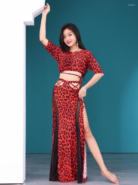 Сценическая ношение живота танцевальная топ или юбка для леопардовой рубашки с высокой талией сплит для тренировочной одежды Женщина взрослая элегантная одежда
