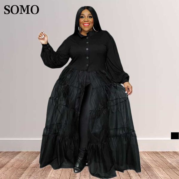 Plus Größe Kleider Frühling Mode Balck Mesh Patchwork Frauen Kleidung Chic Langarm Maxi Großhandel Dropshipping 230307