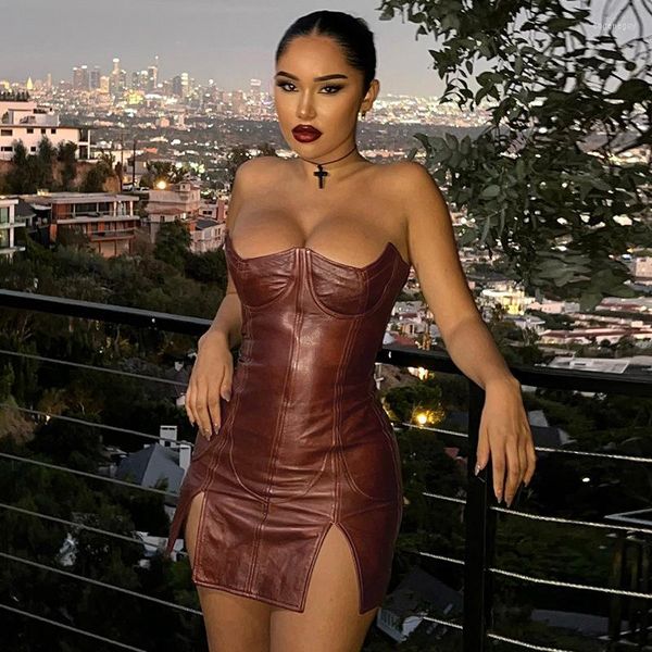 Повседневные платья Pu Faux Leather Женщины сплошное ремешок Midi Plord Slit Bodycon Sexy Streetwear Club Festival 2023 Corset Mini