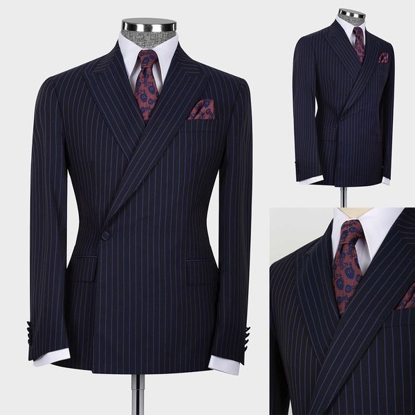 Unique Design Pin Stripe Men's Tuxedo Slim Fit Wedding Suit Peaked Lapel Blazer Only One Piece