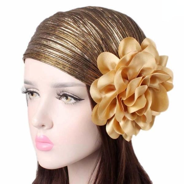 Gorro gorro/caveira tampa de capôs ​​de turbante africano para mulheres ouro preto plissado grande chapé de flores damas retro hat scrub hat spring spring