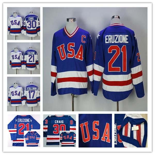 Custom 1980 Man Retro USA Ice Hockey Jerseys 17 Jack Ocallahan 21 Mike Eruzione 30 Jim Craig Color Blue Branco Costura Uniformes de corrida