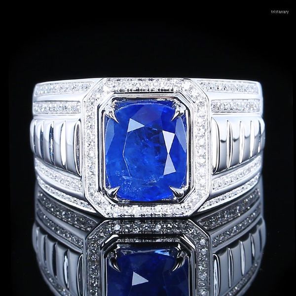 Küme halkaları lüks 18k sarı altın erkek yüzüğü 1.89ct doğal kraliyet mavisi safir nişan güzel mücevher erkekler özel taş takı mücevherleri