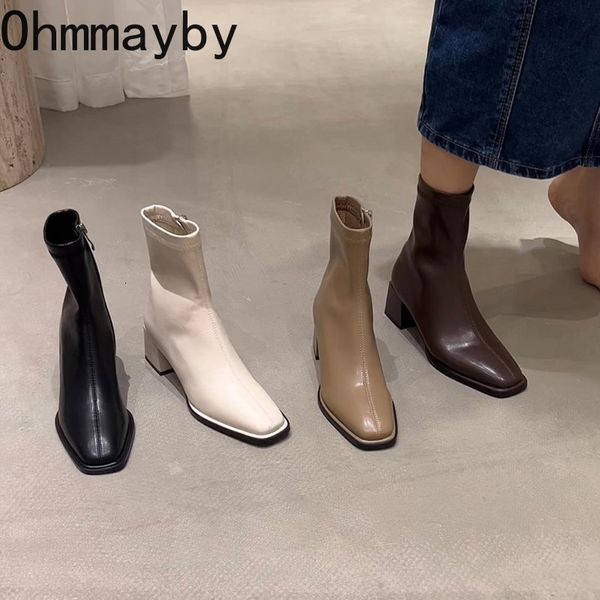 Сапоги осенние дизайнерские каблуки лодыжка квадратная мода квадрат ноги Zipper Ladies Casual Chelsea Boots Shoes Soft Leather Shot Boot 230309