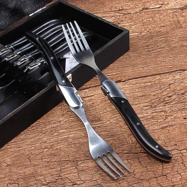 Set di stoviglie Manico in legno di alta qualità di colore nero West 6 pezzi Forchetta Stoviglie Coltello da bistecca francese Laguiole Noodle Confezione regalo