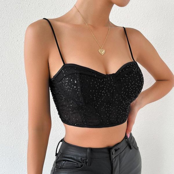 Frauen Tanks 2023 Frau Spaghetti Strap Perlen Bh Top Mesh Pailletten Hosenträger Einzigartige Mode Sexy Korsett Crop Camis