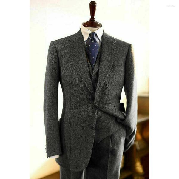 Herrenanzüge Tweed Fischgrätenmuster Männer Anzug Set Hochzeit Blazer Ternos Rauchen Masculino Luxo Grau Formeller Smoking Maßgeschneidert 3 Stück Bräutigam Mantel