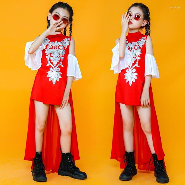 Bühnenkleidung Chinesischen Stil Hip Hop Kleidung Für Mädchen Rote Outfits Jazz Dance Kostüme Festival Kleidung Ballsaal Hiphop Praxis Kleid DQS7572