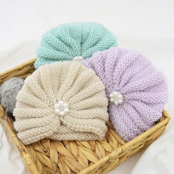 Hüte Baby Stirnband Hut Häkeln Gestrickte Perlen Blume Warme Mützen Säugling Mädchen Junge Winter Beanie Turban Haar Zubehör