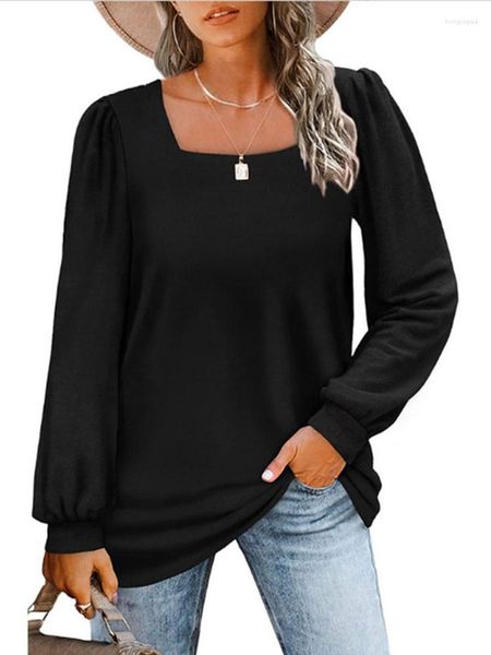 Magliette da donna Maglietta allentata casual Donna Autunno Inverno Colletto quadrato Moda Magliette a maniche a sbuffo per donna 2023 Slim Solid Top Femme