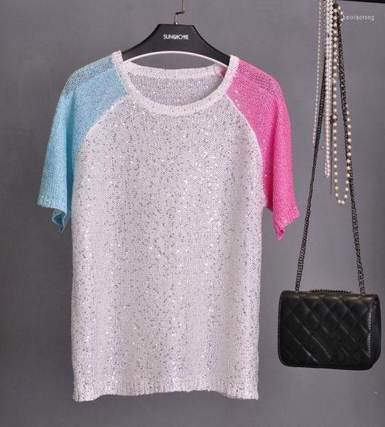 Camas femininas Mulheres de verão Mulheres curtas T-shirts brilhantes camisetas Lady Casual Patchwork Color Cheines Bling Tops de lantejoulas femininas