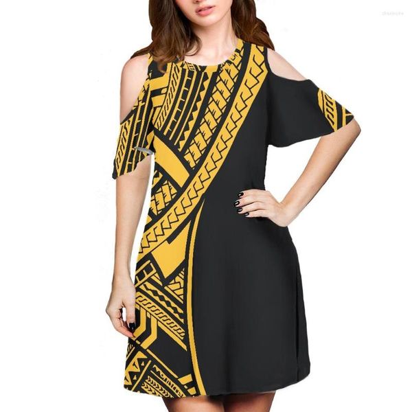 Lässige Kleider Cumagical Sublimationsdruck O-Ausschnitt Polynesian Samoa Tapa Flower Tribal Lady Swing Cold Shoulder Kleid