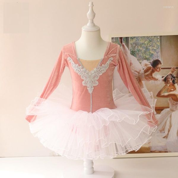 Vestido de gesto de mangas compridas Velvet Ballet Dress Girls Dance Tutu Ballerina Dançando roupas preto/rosa Costume do lago para crianças