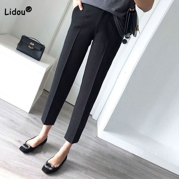 Calças femininas Capris Moda Solid Solid Caistas Calças de cigarro Primavera Verão All-Match Office Lady Lady Splicing Pockets Wide Leg Nine Points Troushers 230309