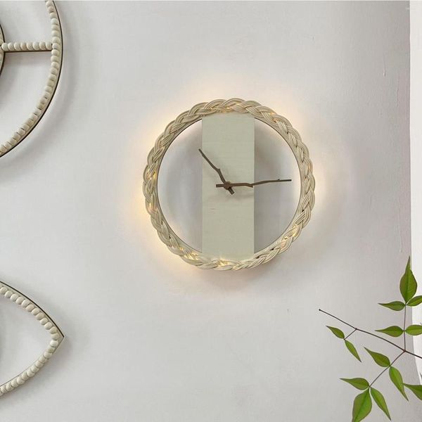 Wanduhren, klassische, rustikale, gewebte Uhr, leise, mit Licht, für die Dekoration Ihres Wohnzimmers