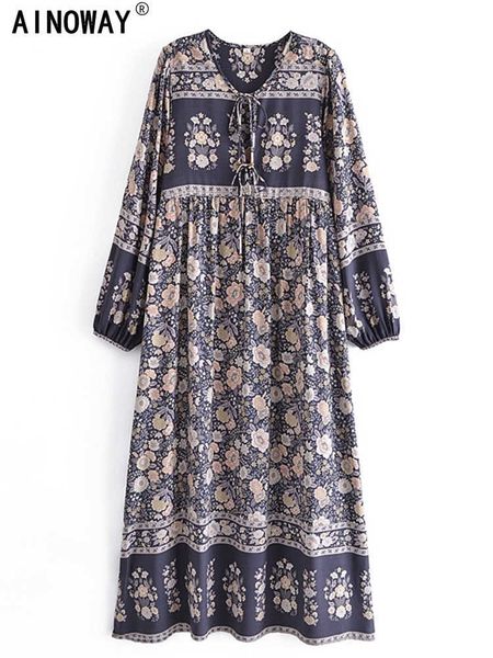 Vestidos casuais cinza estampa floral feminina vintage lanterna de decote em víca de lanterna praia bohemian maxi senhoras rayon boho vestes vestidos y2302