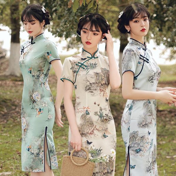 Abbigliamento etnico Primavera Estate Stampa media Abito tradizionale cinese Migliorato Retro moderno Cheongsam Banchetto verde Slim Brocade Party