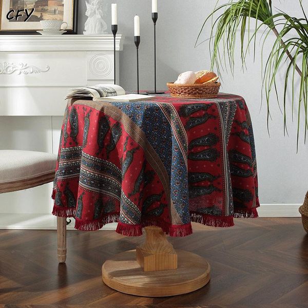 Tischdecke Boho Baumwolle Leinen gehäkelt mit Quasten Runde Tischdecke Kaffeebezug Picknickmatte