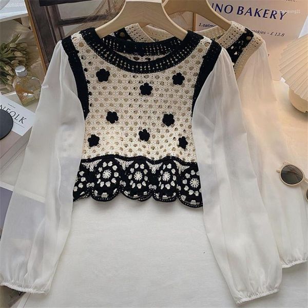 Frauen Blusen Koreanische Mode Elegante Bluse Frauen Langarm-shirt Aushöhlen Floral Crochet Crop Top Designer Marke Blusa Mujer de 2023