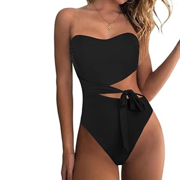 Kadın Mayo Seksi Düz Renk/Leopar Mayo Kadın Bandeau Push Up Cutout Kadın Mayo Takım Yaz Yüzme Havuzu Plaj Giyim