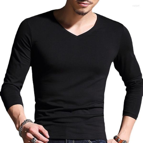 Camisa de camisetas masculinas Men V pescoço de tamanho longo de manga longa Casual casual fino e fino camisetas para tampos de fitness tee