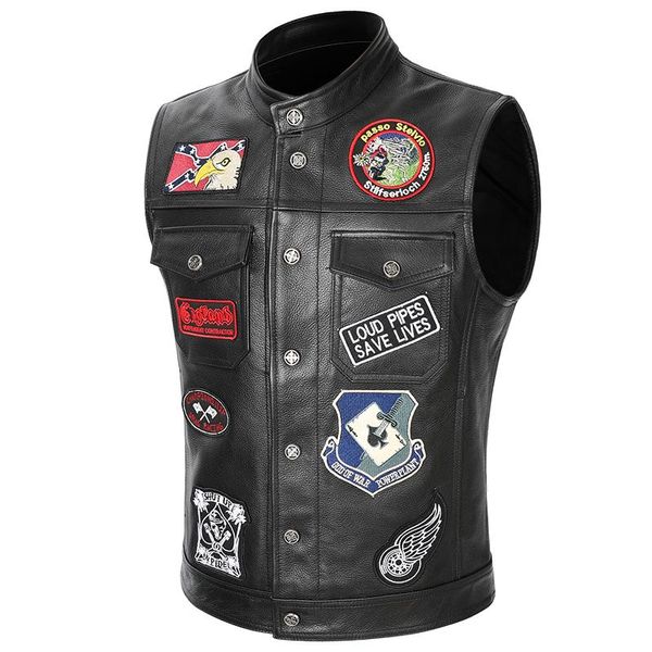 Gilet da uomo Vera pelle bovina di strato superiore Gilet in pelle multi-etichetta senza maniche nera Tuta da motociclista sottile Spalla Pikan XL