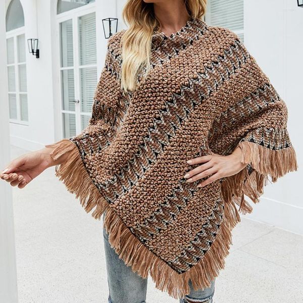 Camiscedores femininos Mulheres Cape Casat Tricotamento listrado Autumn Winter Pullover Bohemian Poncho Bohemian para desgaste diário