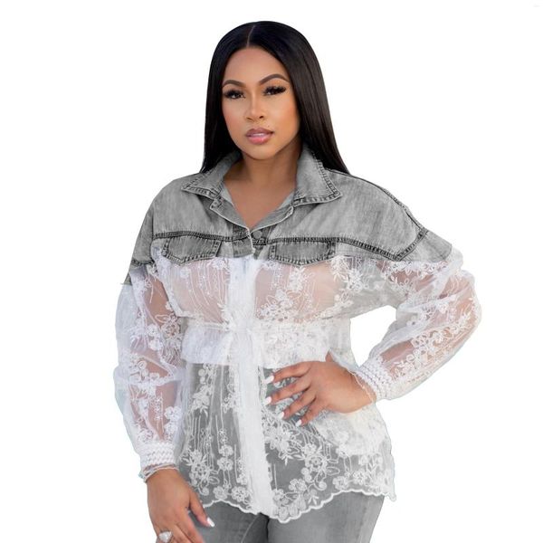 Blouses feminina pura malha bordada de jeans de jeans spliced ​​para feminino vintage outono descendo colarinho de manga longa hipster