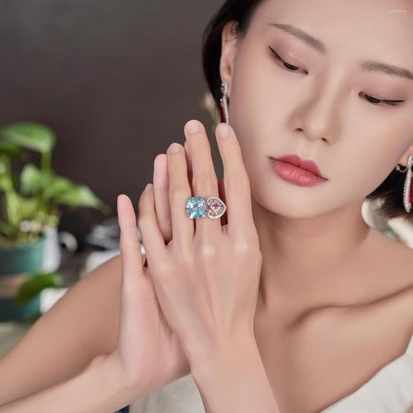 Rings de cluster Blue Zircon Coração chinês Cristal Stone Vintage 925 Presente de prata Acessórios de jóias naturais Anel ajustável Mulheres amuletas