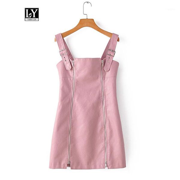 Lässige Kleider Ly Varey Lin Frauen PU Kunstleder Kleid Sexy trägerlos Overall Mini Slim Reißverschluss Schwarz Rosa Hohe Taille Vestidos1