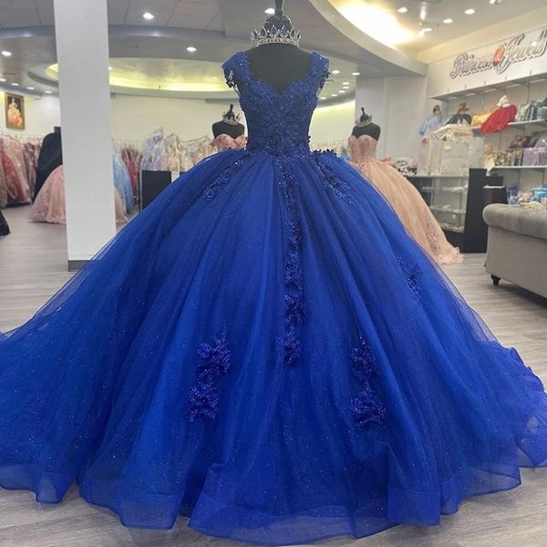 Blaue glänzende Prinzessin Quinceanera Kleider schulterfrei Spitze Applikationen Kristall Ballkleid Sweet 16 Kleider Vestidos De 15 Anos Custom