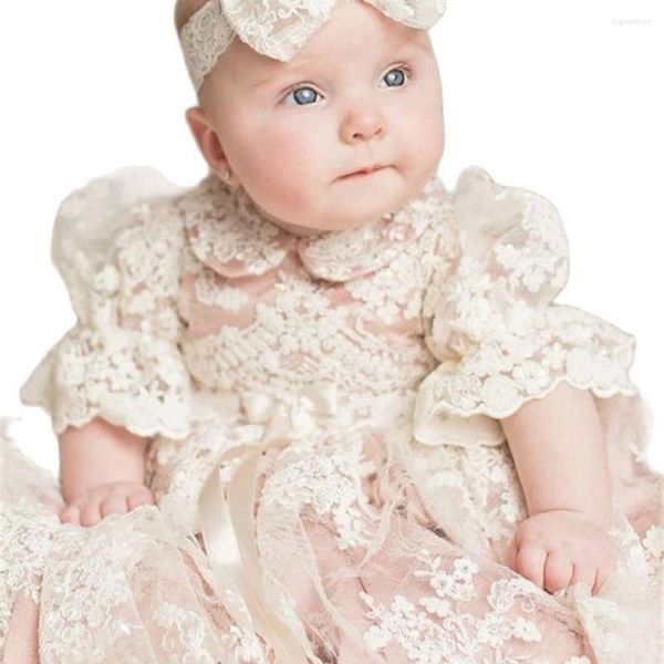 Mädchen Kleider Baby Mädchen Taufkleid Taufkleid Kleinkind Kleinkind Kleidung Spitzenapplikation Blush Heirloom Set mit Kopfbedeckung