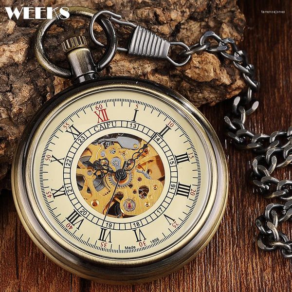 Relógios de bolso Roman Numeral Mechanical Watch Antique Vintage Smooth Grave Steampunk Skeleton Fob Chain Clock for Men Women Collection