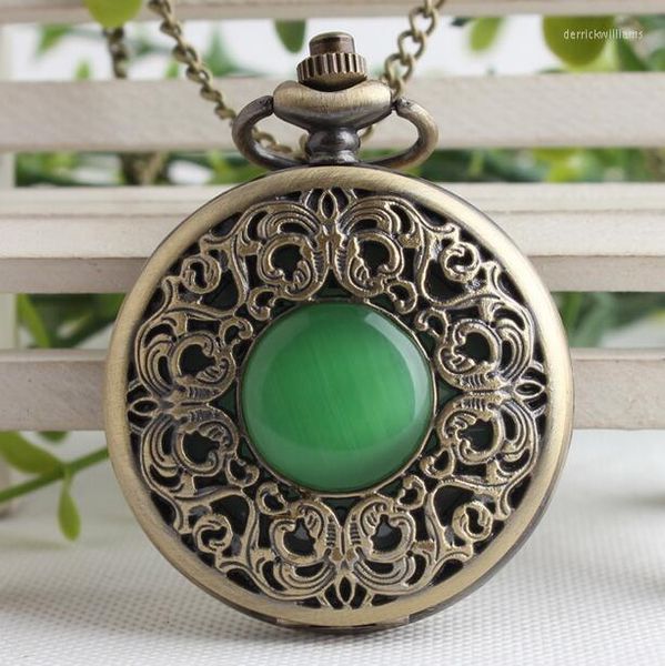 Taschenuhren Bronze Hohl Nachahmung Jade Stein Halskette Anhänger Gute Qualität Rest Männer Und Frau Kette Taschenuhr Geschenk