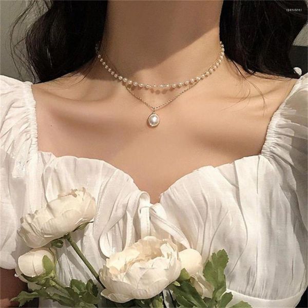 Ketten Mode Elegante Perlen Halsband Halskette Niedliche Doppelschichtkette Perlen Anhänger Halsketten Frauen Verlobungsschmuck