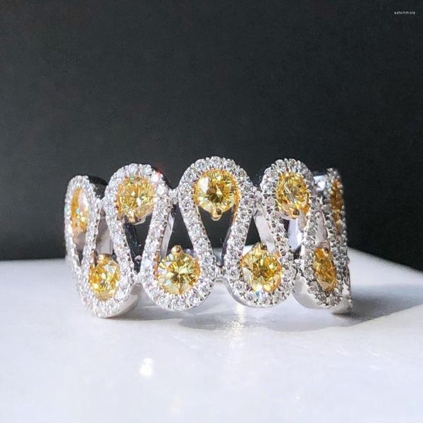 Clusterringe Feiner Schmuck Echt 18 Karat Gold 0,802 ct gelbe Diamanten Hochzeit Verlobung weiblich für Frauen Ring TX