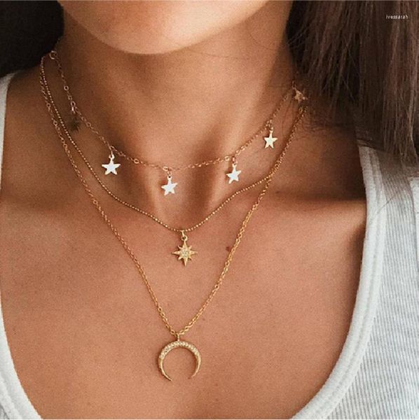 Colares pendentes Crescent Moon lua geométrica Rhinestone Star Colar Cheker Fashion para mulheres Jóias por atacado Cadeia de ferro por atacado