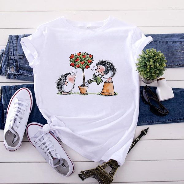 T-shirt da donna T-shirt estiva femminile Harajuku T-shirt Lady Cute Hedgehog Cartoon Fun Print Camicia da donna T-shirt da ragazza anni '90 O-collo manica corta