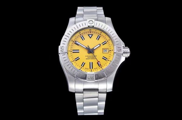 Breitling 45mm Zf Factory Designer Watch Mens Watch Dial Relógio Esportivo Mecânico Automático Caixa Prateada Superfície Amarela Escura com Intensidade Luminosa À Prova D 'Água Luxu