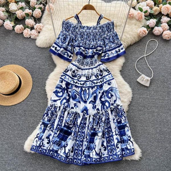 Vestidos de festa elegante vestido midi verão feminina moda moda pista vintage azul porcelana branca impressão a-line férias praia