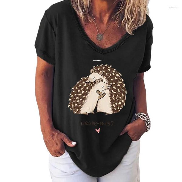 T-shirt da donna Cartoon Hedgehog T-shirt stampata 3D Donna manica corta allentata con scollo a V Streetwear T-shirt Harajuku Y2k Top estivi per ragazze