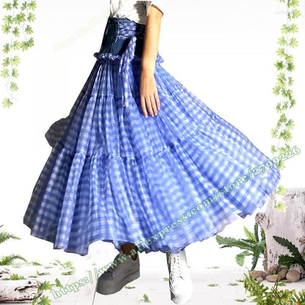 SKIRTS Design feminino Fashion Casua Jeans jeans Mesh emendada cintura alta mancha longa Tutu Tutu Fluffy plissada coreana