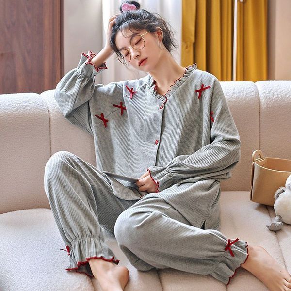 Pijamas de sono feminino 100% algodão Conjunto de roupas de dormir sexy para mulheres de desenho animado de desenho animado feminino Autumn Fashion modear mais tamanho 230309